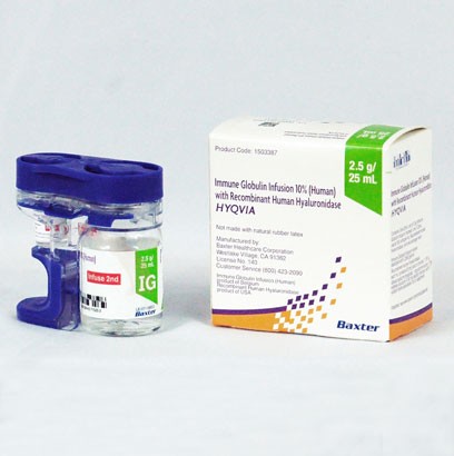 HYQVIA is an injectable drug containing a genetically designed protein. It is a dual vial unit with a vial of immune globulin infusion 10% (Ig) and another vial of recombinant human hyaluronidase (Hy), which assists your body in the absorption of injectable medicines.