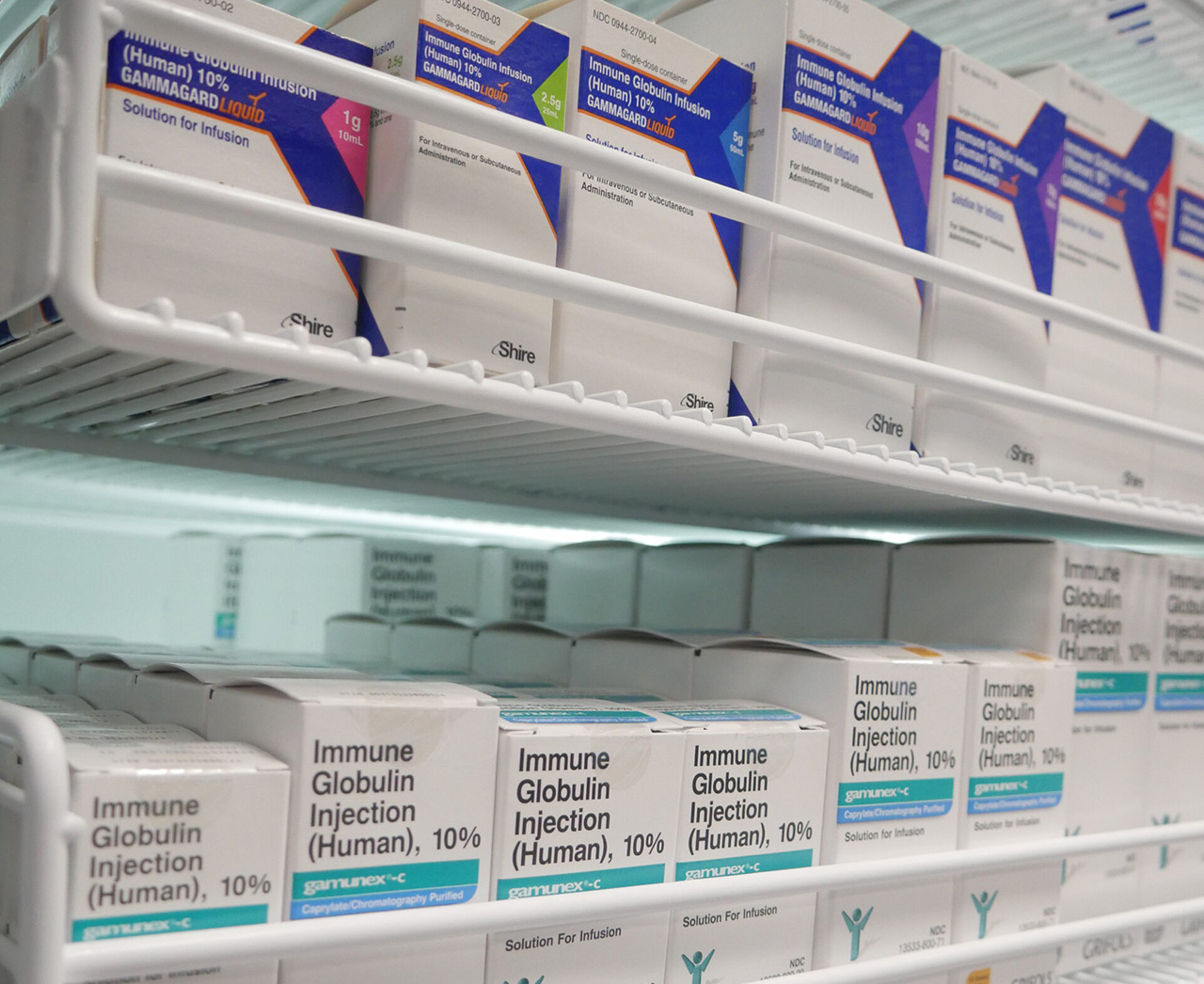 Boxes of immune globulin injections on shelves