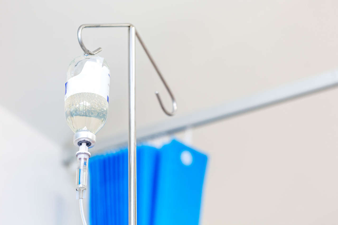 View of an IV bottle of immunoglobulin during an infusion