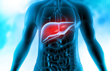 Man with liver on medical background