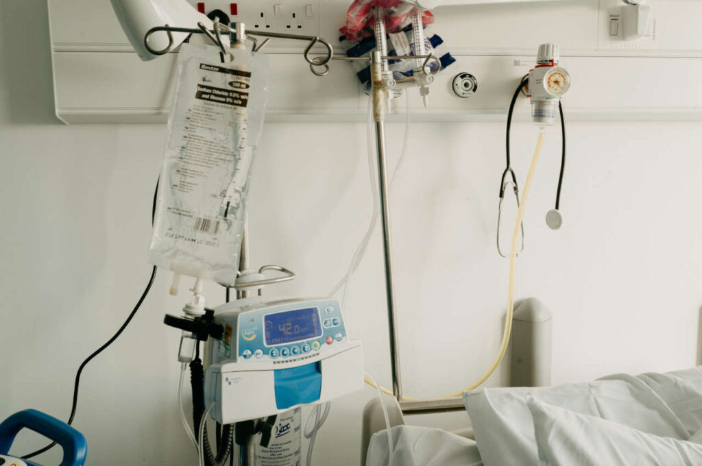 IVIG serum next to a hospital bed