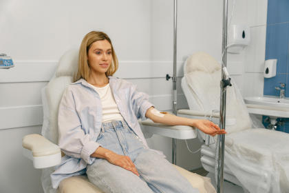 A woman in a chair receiving IVIG for LEMS