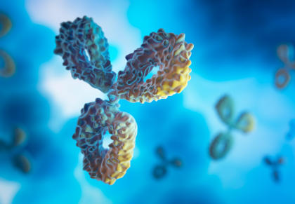 3D illustration of antibodies on a blue cell background