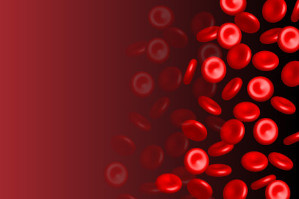 Streaming blood cells on red background