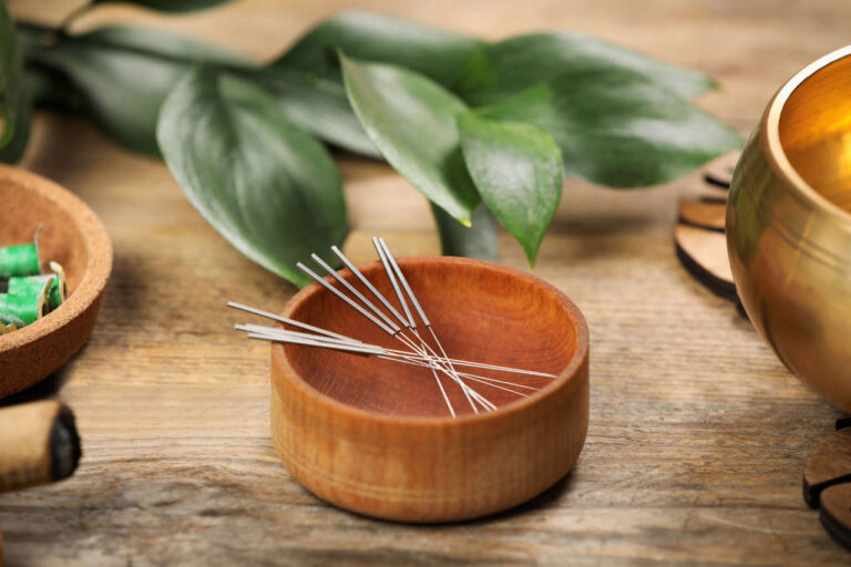Bowl with needles for acupuncture, one of the natural treatments for myasthenia gravis