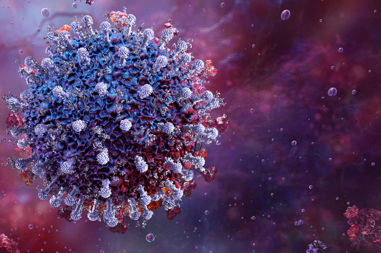 Illustration of COVID 19 virus in purple background